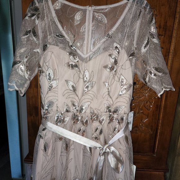 Adrianna Papell Embroidered Knit Long Ball Gown w/ Elbow Sleeves Brand NWT - Picture 6 of 11